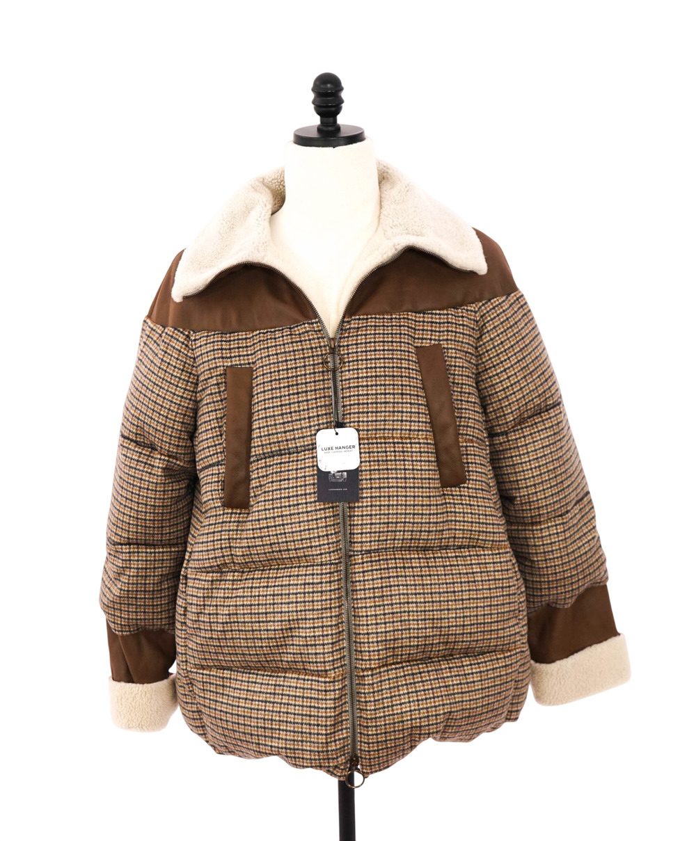$2,995 ELEVENTY - Brown Stripe Wool/Leather/Fur Puffer Coat - S